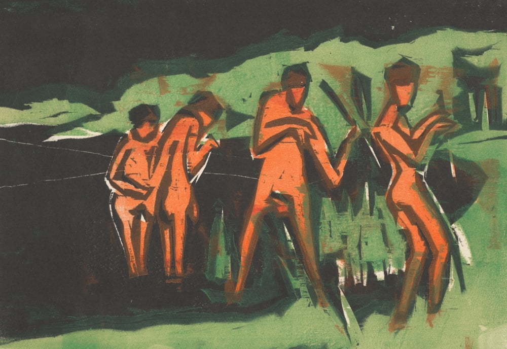 Bathers throwing Reids Woodcut 1909 Canvas Art - Ernst Ludwig Kirchner (24 x 36)
