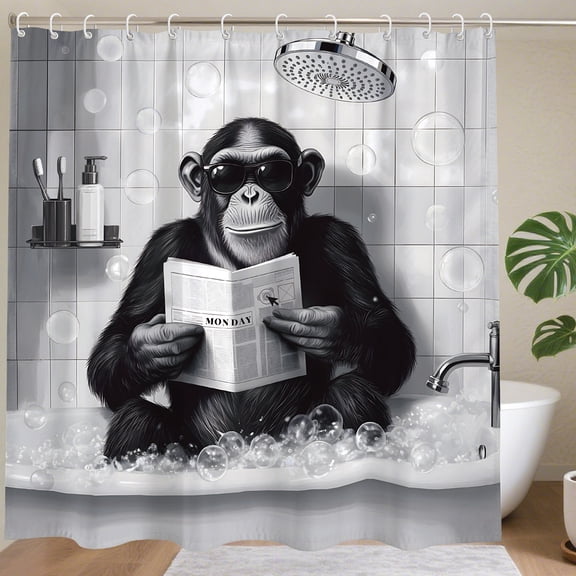 Bathing Gorilla Shower Curtain Newspaper Monkey Bath Curtain with 12 Hooks Animal Waterproof Fabric Shower Curtain for Bathroom