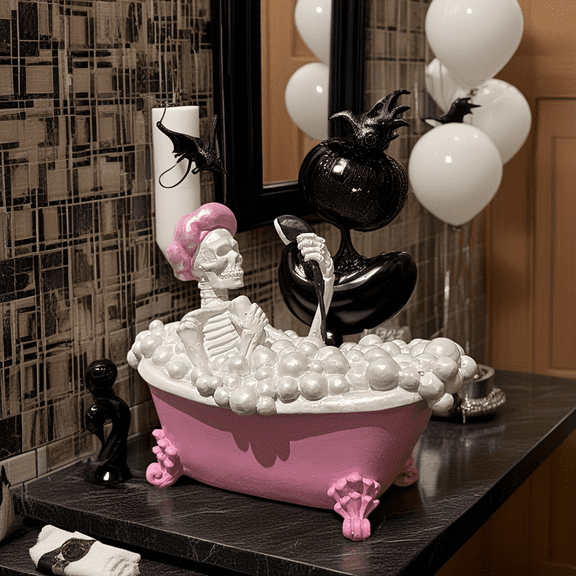 Bathing Pink Bathtub Skeleton Character Statue Creepy Cute Resin Figurine,Gothic Home Decor,Halloween Collectible, Unique Gift for Horror Lovers & Art Collectors