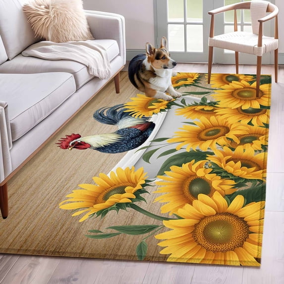 Bathing Roosters Area Rug 4x6 Washable Rug Non Slip Countryside Sunflower Vintage Burlap Large Area Rug Indoor Floor Carpet for Entryway Bedroom Kitchen Living Room Home Office Dining Room Nursery