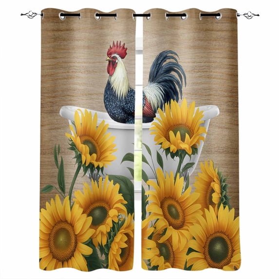 Bathing Roosters Blackout Curtains for Bedroom, Countryside Sunflower Vintage Burlap Thermal Insulated Kitchen Drapes with Grommets, Light Blocking Window Treatment, 2 Panels 52" x 54"