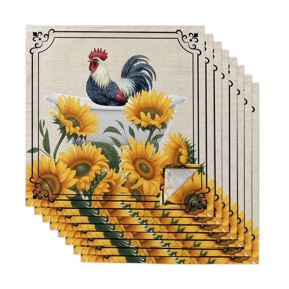 Bathing Roosters Cloth Napkins, Farmhouse Sunflower Vintage Burlap Washable and Reusable Dinner Napkins Set of 8, Table Napkin for Kitchen Party Birthday Wedding Hotel Housewarming 20"x20"