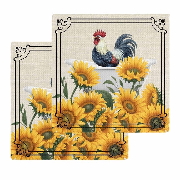 Bathing Roosters Kitchen Dish Towels for Drying Dishes Set of 2, Farmhouse Sunflower Vintage Burlap Waffle Weave Microfiber Hand Tea Bathroom Towels Quick Dry & Absorbent Towel 12x12