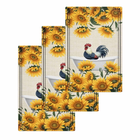 Bathing Roosters Kitchen Dish Towels for Drying Dishes Set of 3, Farmhouse Sunflower Vintage Burlap Waffle Weave Microfiber Hand Tea Bathroom Towels Quick Dry & Absorbent Towel 15.7x23.6