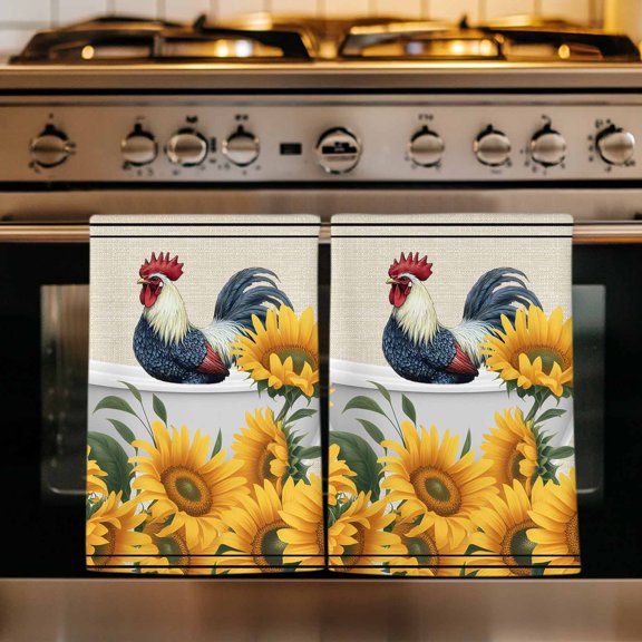 Bathing Roosters Kitchen Towels Set of 2, Farmhouse Sunflower Vintage Burlap Absorbent Dish Towels for Kitchen, Microfiber Hand Towel, Quick Drying Tea Towel for Cleaning Decorative Dishcloths