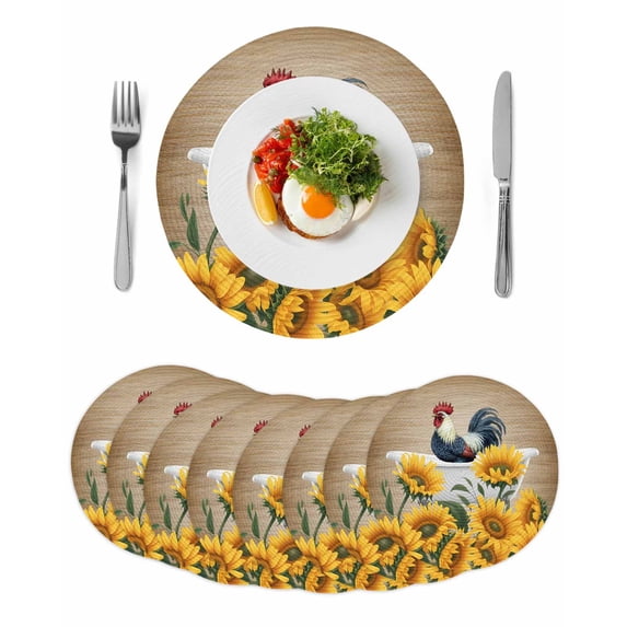Bathing Roosters Round 13 Inch Placemats Set of 8, Countryside Sunflower Vintage Burlap HeatResistant Non Slip Place Mats for Dining Table, Wipeable Braided Kitchen Table Mats for Housewarming