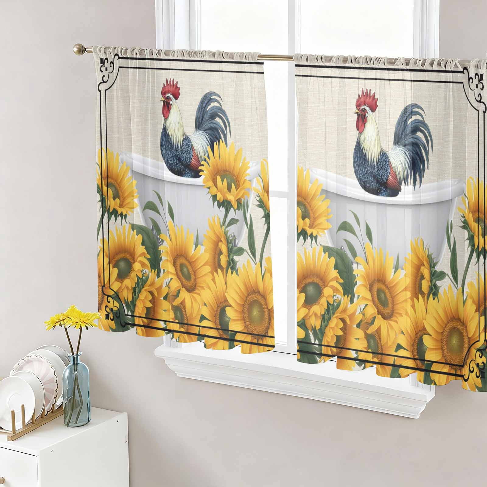 Bathing Roosters Sheer Curtains 45 Inch Length 2 Panels Set Window ...