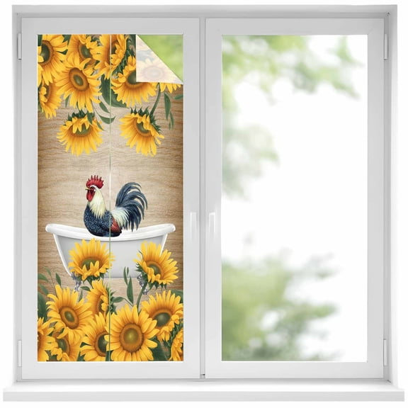 Bathing Roosters Window Privacy Film, Countryside Sunflower Vintage Burlap Static Cling UV Sun Blocking Heat Control Window Tint Day and Night, Non-Adhesive One Way Privacy Cover 17.7''x39.3''