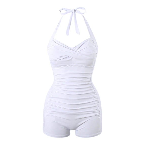 Bathing Suit Bottoms Women Vintage One Piece Swimsuits with Boyleg Shorts Bathing Suit Tie Neck Backless Swimwear White S