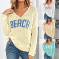 thumbnail image 1 of Bathing Suit Cover Up for Women Beach Cover Up Letter Print Long Sleeve Sweater Sweatshirts V Neck Split Hem Crochet Jumper Top, 1 of 7