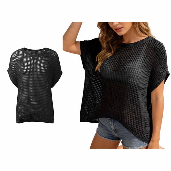 Bathing Suit Cover Up for Women Short Sleeve Crochet Swimsuit Cover Up Mesh Knit Loose Top Womens Summer Outfits Cute Beach Cover Ups