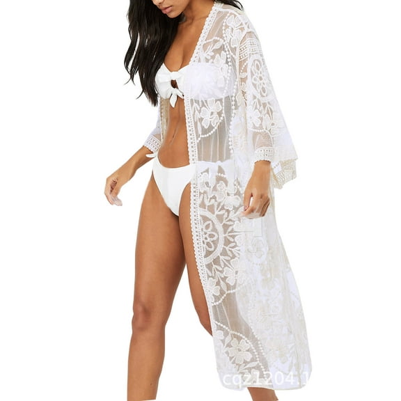 Bathing Suit Cover Up for Women Summer Seethrough Open Front Beach Cover Up Sexy Lace Stitching White Swimsuit Cover Up Shermie