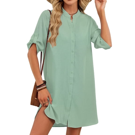 Bathing Suit Cover Up for Women V Neck Button Down Swimsuit Coverup Beach Dress Shirt Bean Green M