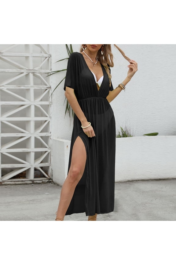 Bathing Suit Cover , Women Summer Clothes , Cute Cover Ups Women's Sheer Beach Dress Cover Up V Neck Split Drape Maxi Dress With Waist For Swimwear And Resort Wear