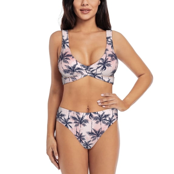 Bathing Suit For Women, Abstract Tropics Palm Trees High Waisted Bikini Set Bathing Suit Cross Lace Up Swimsuit