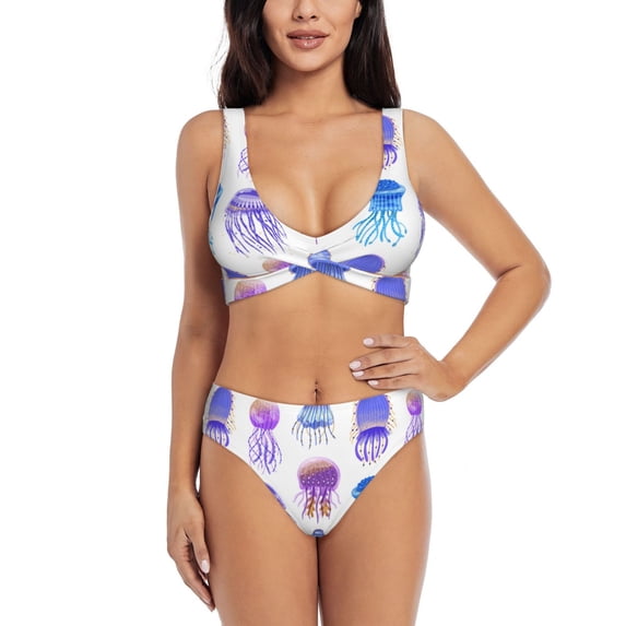 Bathing Suit For Women, Blue-Purple Jellyfish High Waisted Bikini Set Bathing Suit Cross Lace Up Swimsuit