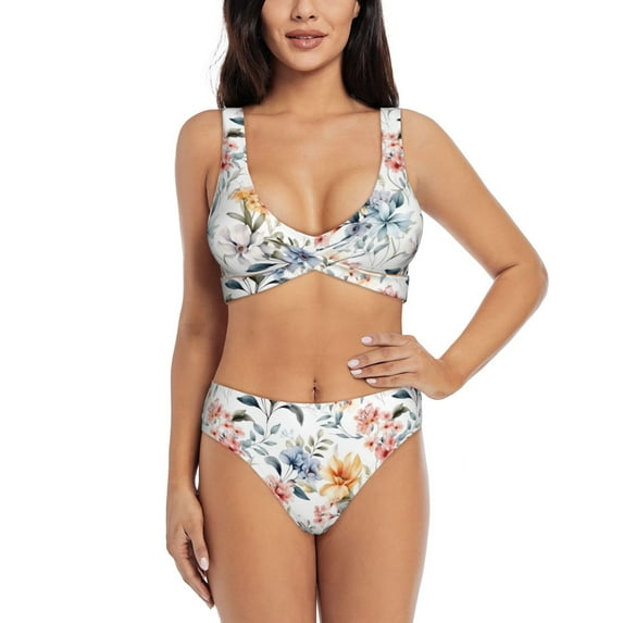 Bathing Suit For Women, Colorful Lilies Flowers A High Waisted Bikini Set Bathing Suit Cross Lace Up Swimsuit