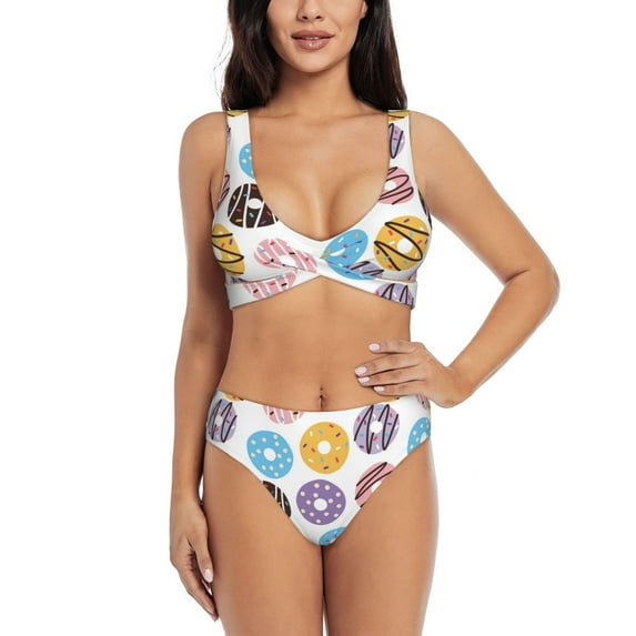 Bathing Suit For Women, Colourful Donut Doodle Print High Waisted Bikini Set Bathing Suit Cross Lace Up Swimsuit
