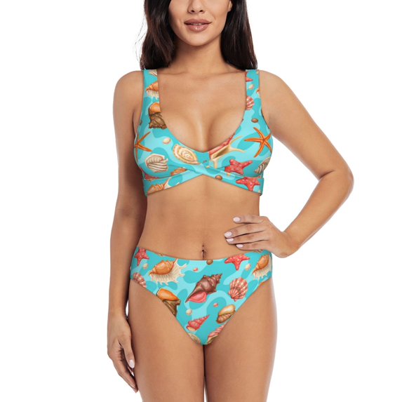 Bathing Suit For Women, Conch Shells Print No.9039 High Waisted Bikini Set Bathing Suit Cross Lace Up Swimsuit