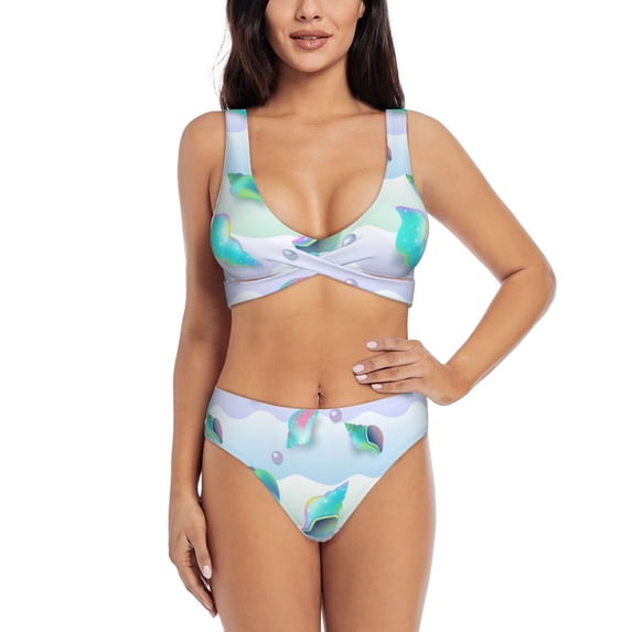 Bathing Suit For Women, Conch Shells Print No.9041 High Waisted Bikini Set Bathing Suit Cross Lace Up Swimsuit