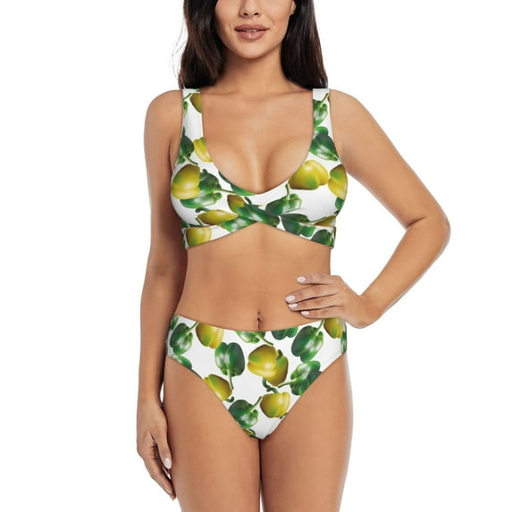 Bathing Suit For Women, Cute Bell Pepper Print High Waisted Bikini Set Bathing Suit Cross Lace Up Swimsuit