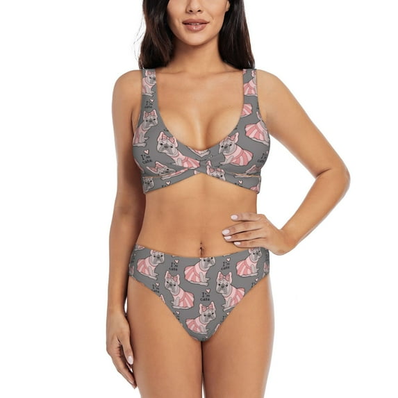 Bathing Suit For Women, Cute French Bulldog Pink Skirt High Waisted Bikini Set Bathing Suit Cross Lace Up Swimsuit