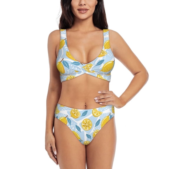 Bathing Suit For Women, Cute Lemon Ice Blue High Waisted Bikini Set Bathing Suit Cross Lace Up Swimsuit