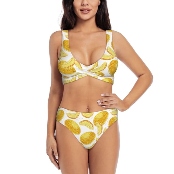 Bathing Suit For Women, Gold Cute Cantaloupe High Waisted Bikini Set Bathing Suit Cross Lace Up Swimsuit