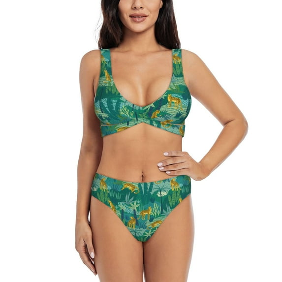 Bathing Suit For Women, Jungle Leopard High Waisted Bikini Set Bathing Suit Cross Lace Up Swimsuit
