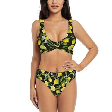 Bathing Suit For Women, Lemon Fruits Flowers Leaves High Waisted Bikini Set Bathing Suit Cross Lace Up Swimsuit