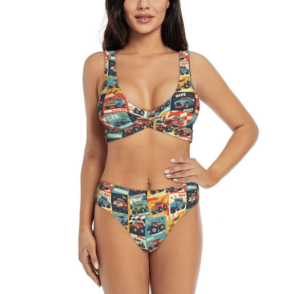 Bathing Suit For Women, Off Road Racing Car Colorful High Waisted Bikini Set Bathing Suit Cross Lace Up Swimsuit