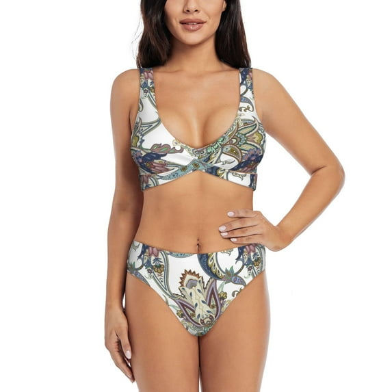 Bathing Suit For Women, Paisley Pattern No.9022 High Waisted Bikini Set Bathing Suit Cross Lace Up Swimsuit