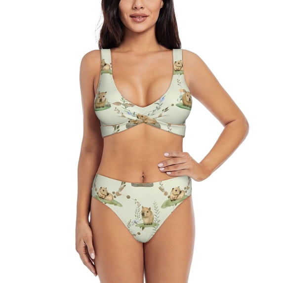 Bathing Suit For Women, Plant Capybara Print High Waisted Bikini Set Bathing Suit Cross Lace Up Swimsuit
