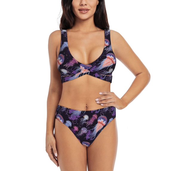 Bathing Suit For Women, Purple Blue Jellyfish Print High Waisted Bikini Set Bathing Suit Cross Lace Up Swimsuit