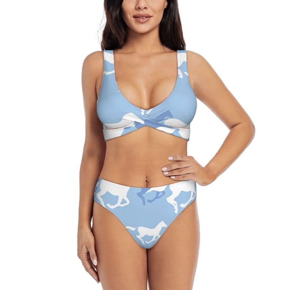 Bathing Suit For Women, Simple Cool Horse Blue And White High Waisted Bikini Set Bathing Suit Cross Lace Up Swimsuit