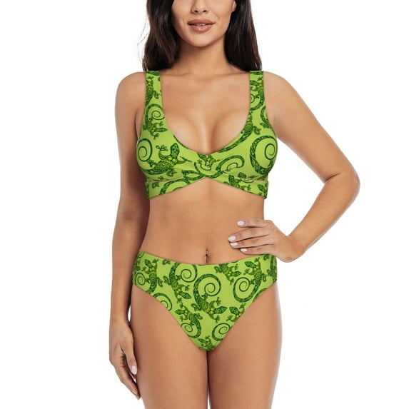 Bathing Suit For Women, Tropical Cute Lizard Gecko Green High Waisted Bikini Set Bathing Suit Cross Lace Up Swimsuit