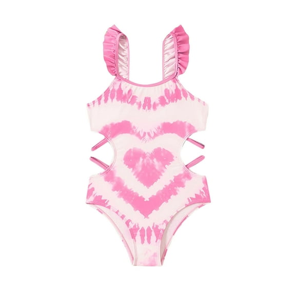 Bathing Suit for Girls Kids Toddler Girls Heart Tie Dye Print Sleeveless One Piece Swimsuit Ruffle Bathing Suit Toddler Bathing Suit Pink 5 Years-6 Years
