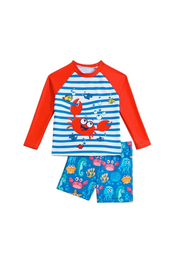 Bathing Suit Toddler Boy Long Sleeve Print Top Shorts Set Swimwear Two Piece Swimsuits with High Waisted Swim Trunks,3-4 Years