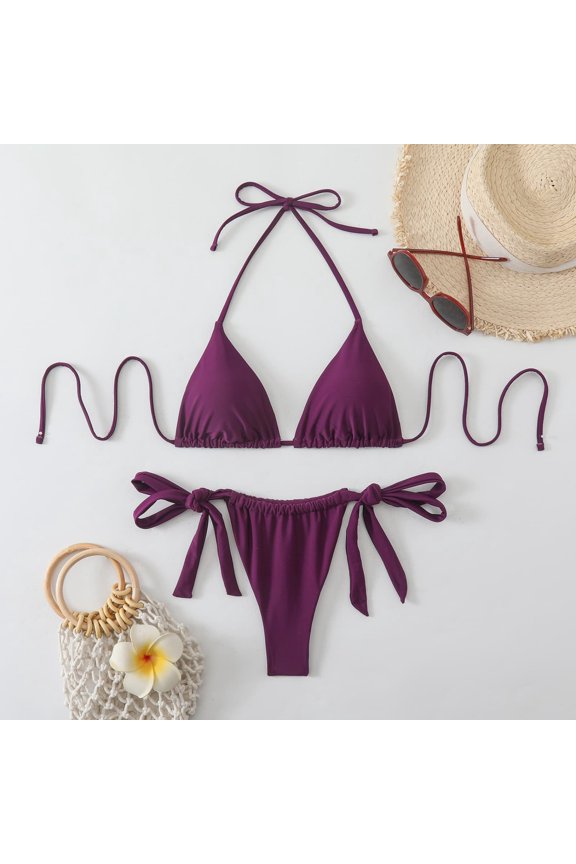 Bathing Suit for Women 2 Piece, 2 Piece Bathing Suits for Women, Bikini Sets for Women Two Piece Swimsuits Halter String Triangle Bathing Suit Tie Side Bottom Swimwear, Purple M