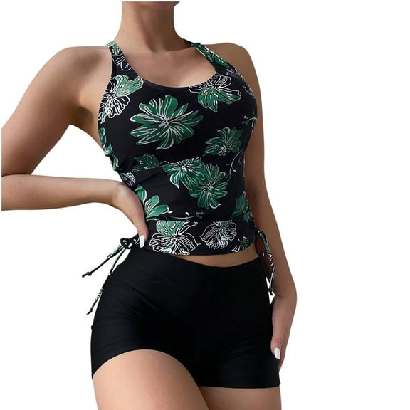 Bathing Suit for Women Wycnly Womens Tankini Swimsuits Womens Two Pieces Swimsuits Summer Beach Fashion Floral Drawstring Swimwear Ladies High Waist Slim Fit Bikini Sets
