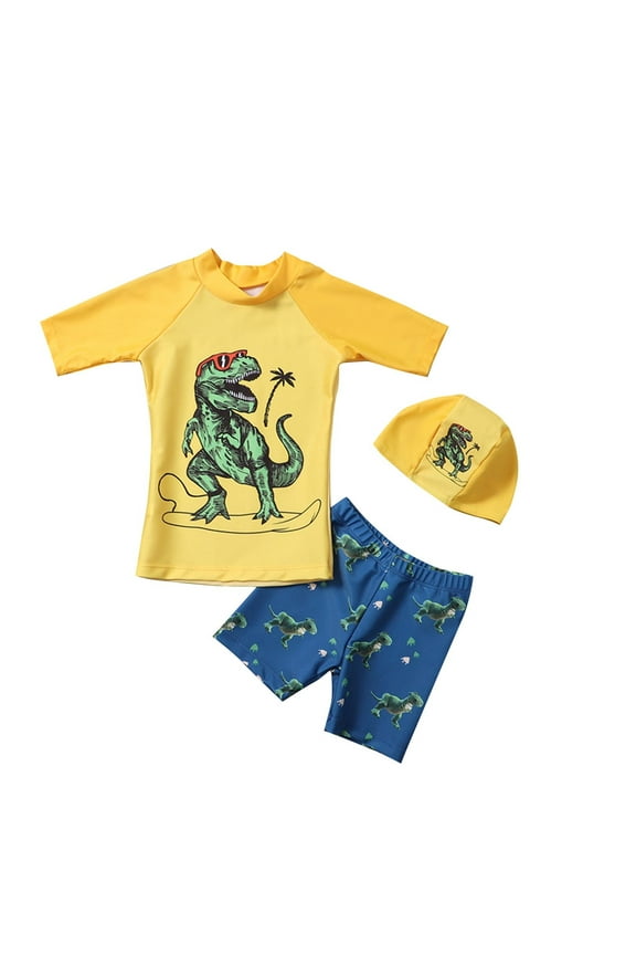 Bathing Suit for Boys 3 Piece Cute Short Sleeve Swimsuit with Swim Trunks Summer Vacation Boys Swimwear Size 1-8