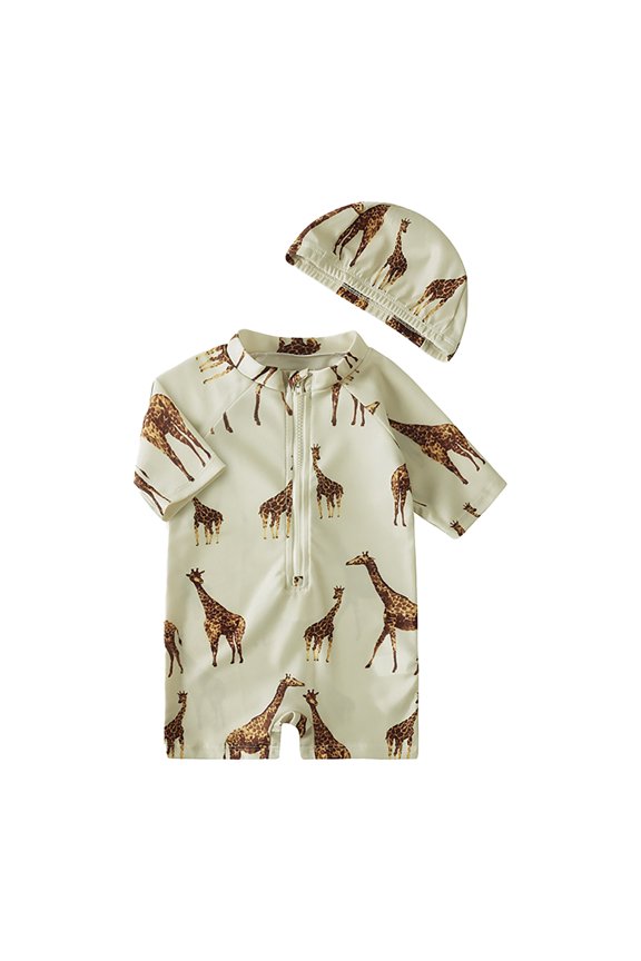 Bathing Suit for Boys Zipper Rashguard Sunsuit Half Zip Up Summer Clothes for Kids,Khaki,90