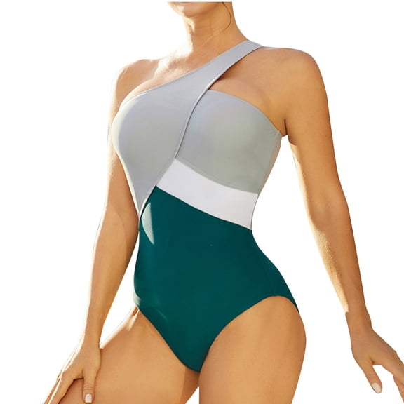 Bathing Suit for Women Fashion Cross One Shoulder Color Block One Piece Swimsuit Beach Vacation Swimwear (L, Army Green)