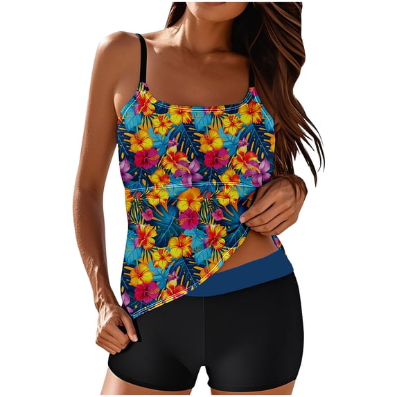Bathing Suit for Women Floral Adjustable Straps Tankini Top with Boyshort Tummy Control Swimsuits Modest Swimwear