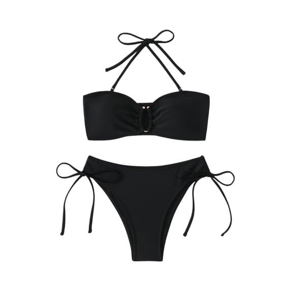 Bathing Suit for Women Halter Ring Linked Tie Side Bikini Sets Two Piece Swimsuit (Black,L)