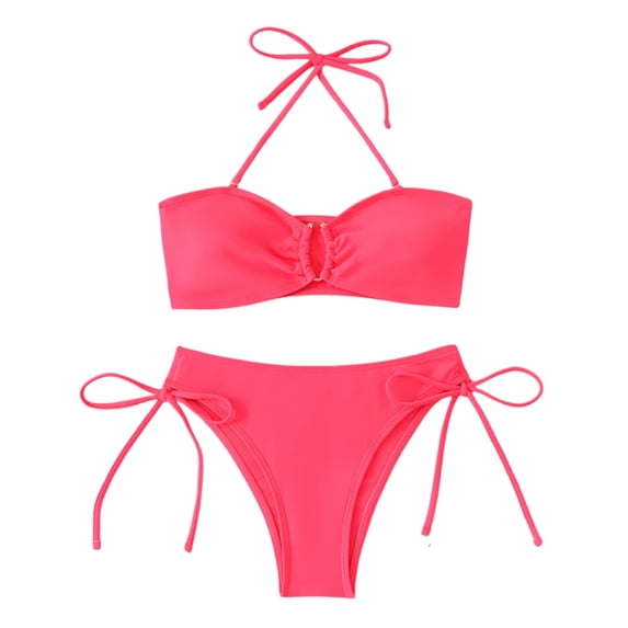 Bathing Suit for Women Halter Ring Linked Tie Side Bikini Sets Two Piece Swimsuit (Pink,M)