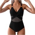thumbnail image 1 of Bathing Suit for Women Mesh Insert V Nack Open Back Ring Detail One Piece Swimsuit Beach Vacation Swimwear (XL, Black), 1 of 5
