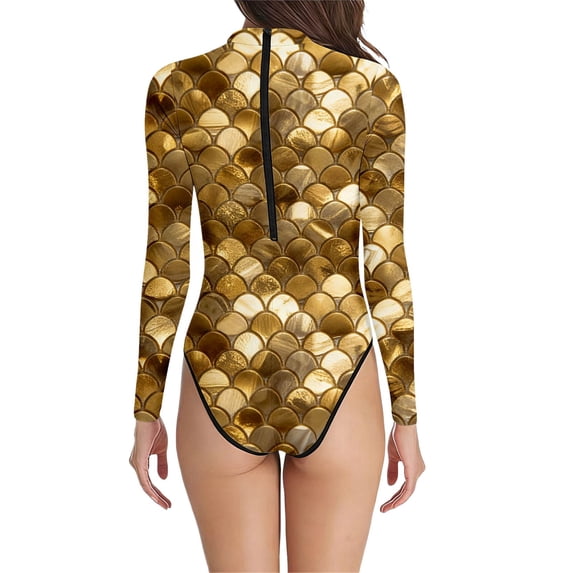 Bathing Suit for Women Scale Print High Neck Long Sleeve Swimsuit Full Coverage Rash Guard Sun Protection Performance Swimwear for Beach