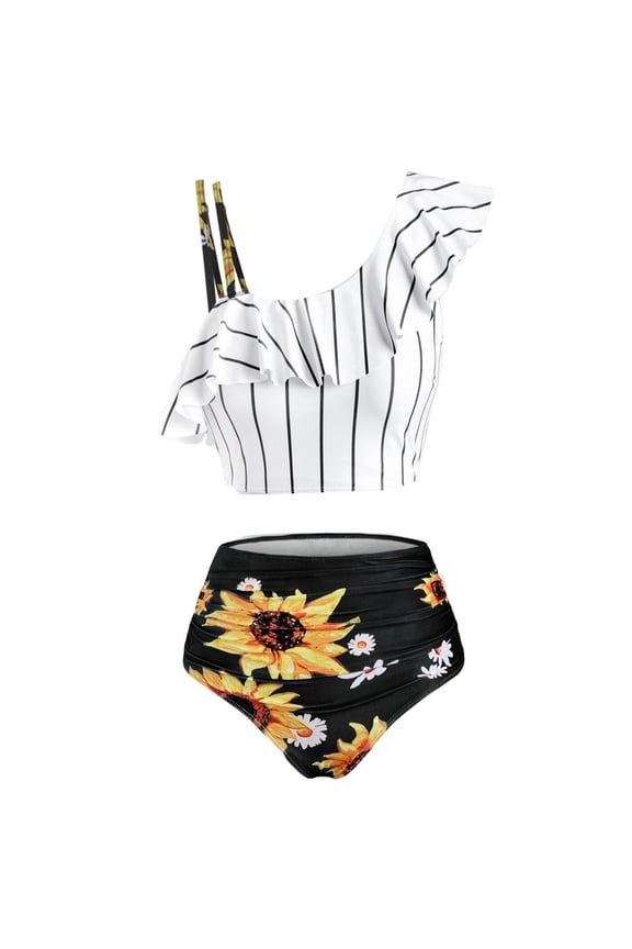 Bathing Suit for Women Tankini Bikini Print Sunflower Padded Overlay Push-Up Beach Tops,Black,2XL