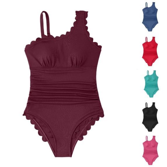 Bathing Suit for Women Tummy Control Underwire One Shoulder Swimsuits Slim Swimwear Scalloped Full Coverage Swim Suit Dark Blue M